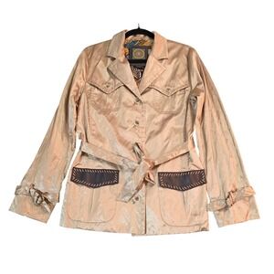 Debbie Shuchat Metallic Trench Style Jacket with Abstract Print Lining Size 14
